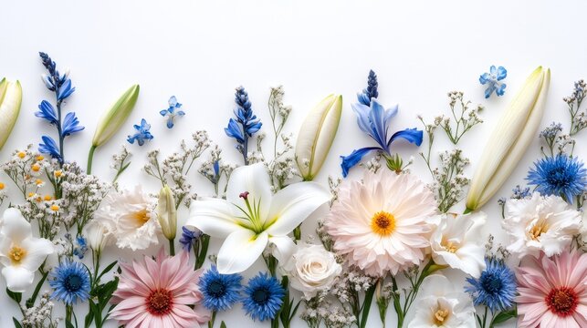 flowers background with white lilies, white asters, white roses, blue iris, blue thistle, white Matricaria, pink Gerbera, white arums, pink snapdragon on a white background