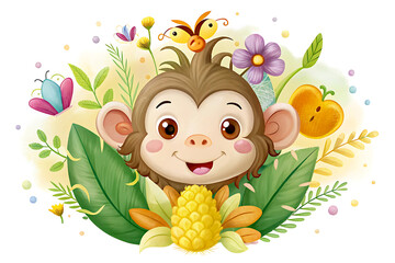 funny, happy monkey face adorned with vibrant corns, flowers and butterflies against a clear white background, cartoon drawing. HD high quality 4K.