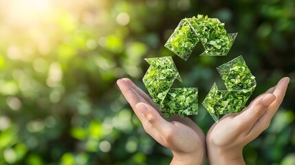 Hands Holding Green Recycling Symbol Made of Fresh Leaves