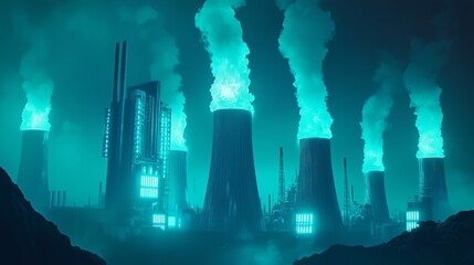 Futuristic Dystopian Cityscape with Massive Battery Plants and Emitting Smoke
