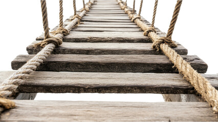 Close-Up View of a Rustic Wooden Suspension Bridge with Textured Ropes and Detailed Planks Leading Toward an Unseen Destination in Nature
