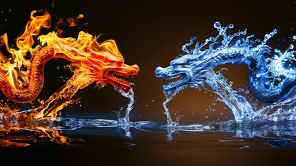 The abstract battle of ice and fire, a wave of burning flame vs frozen water waves in a flowing vs striking texture with a powerful vs delicate design and a magical vs realistic backdrop.