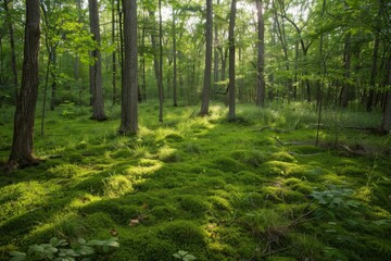 Fototapeta premium A forest with a lot of trees and grass
