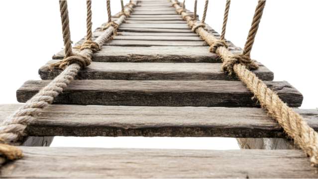 Close-Up View of a Rustic Wooden Suspension Bridge with Textured Ropes and Detailed Planks Leading Toward an Unseen Destination in Nature
