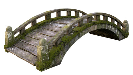 Rustic Wooden Bridge Covered in Green Moss, Curved Structure Over Calm Stream, Weathered Surface...