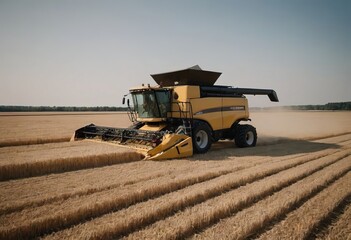 Obraz premium A bright yellow combine harvester is actively working in a field of ripe wheat