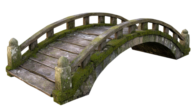Rustic Wooden Bridge Covered in Green Moss, Curved Structure Over Calm Stream, Weathered Surface with Natural Elements Emphasizing Tranquility