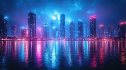 Fototapeta premium Neon-lit cityscape reflected in calm water at night.