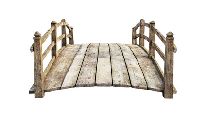Rustic Wooden Footbridge Over Tranquil Water with Weathered Planks, Curved Design, and Natural Surroundings Perfect for Nature-Themed Projects