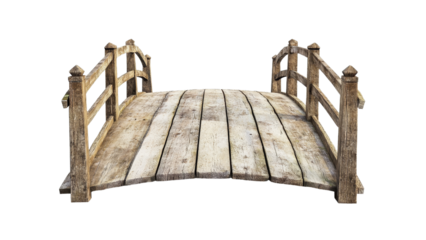 Rustic Wooden Footbridge Over Tranquil Water with Weathered Planks, Curved Design, and Natural Surroundings Perfect for Nature-Themed Projects