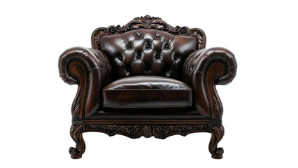 Elegant and Luxurious Vintage Leather Armchair with Intricate Carvings and Rich Brown Color Perfect for Classic Interior Design Schemes