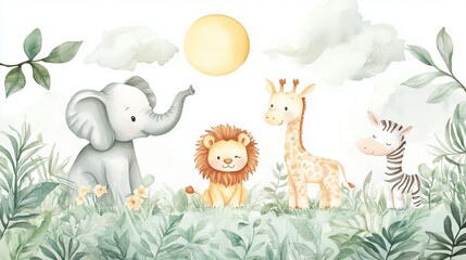 Whimsical watercolor of safari animals creates a cheerful, inviting nursery atmosphere.