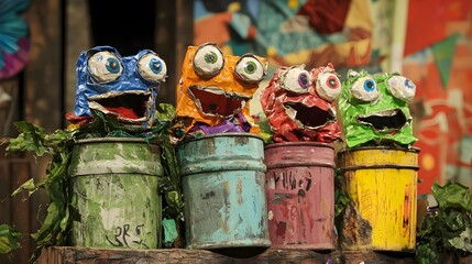 Colorful Recycled Monsters in Garbage Cans with Expressive Faces