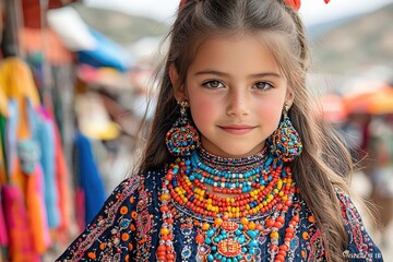Fototapeta premium Smiling girl in colorful traditional attire with intricate beadwork at vibrant marketplace