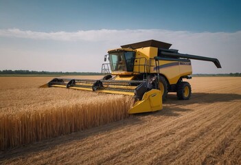 Fototapeta premium A bright yellow combine harvester is actively working in a field of ripe wheat