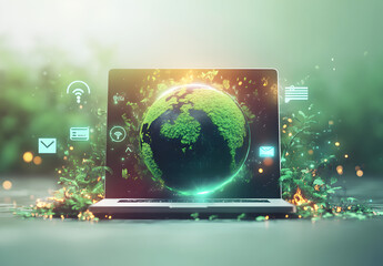 A futuristic, sleek laptop is placed at the center, its screen displaying a globe, environment concept.