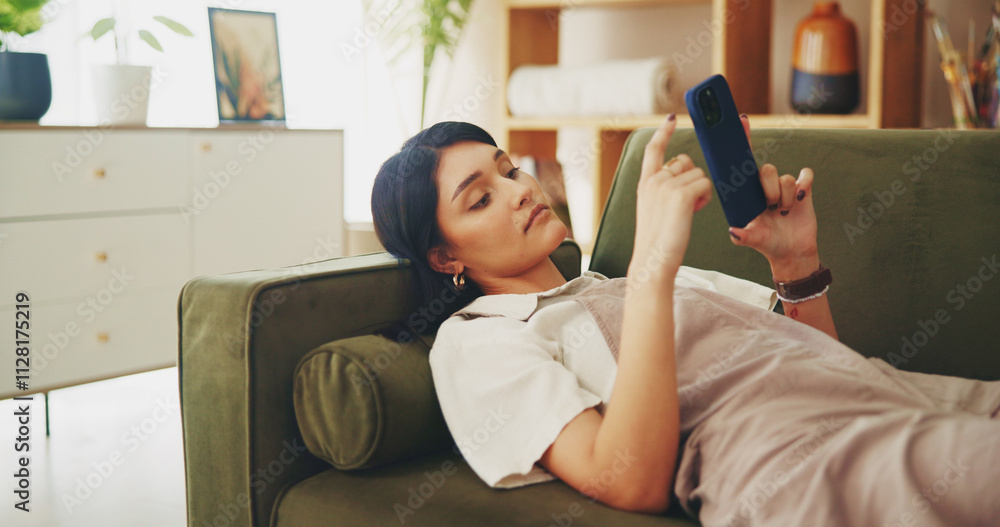 Poster relax, phone and scroll with woman on sofa for streaming, social media and networking app. connectio