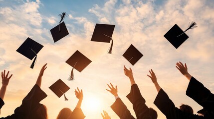 Celebrating graduates tossing caps in the air against a beautiful sunset, symbolizing achievement and new beginnings.