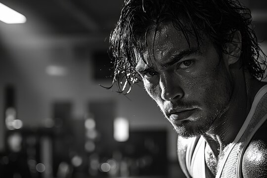Intense focus: sweat-drenched athlete in dramatic black and white lighting
