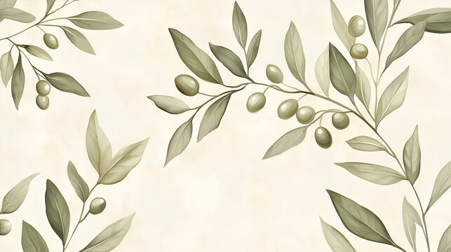 Fototapeta Elegant olive branch pattern with detailed leaves and tiny olives, muted sage green on a soft ivory background, high definition background, mock up wallpaper