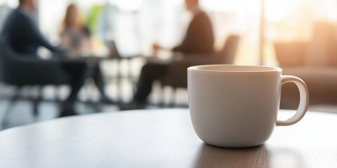 A close-up of a white coffee cup on a table, capturing a moment of casual elegance amidst a business meeting, highlighting the importance of conversation and collaboration.
