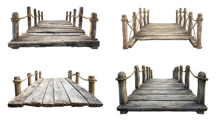 Obraz premium Four Unique Designs of Rustic Wooden Piers Featuring Twisted Rope Railings with Natural Textures and Weathered Finishes Perfect for Scenic Backdrops, Waterfront Illustrations, and Outdoor Themes