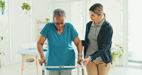 Senior woman, physiotherapist and walker with support, recovery and helping hand with steps at...