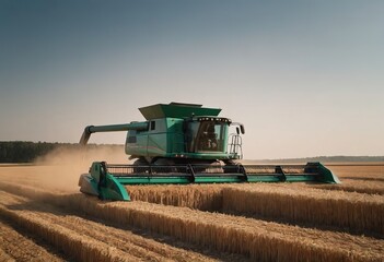 A bright yellow combine harvester is actively working in a field of ripe wheat