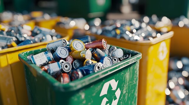 Colorful Used Batteries in Recycling Bins for Eco-Friendly Disposal