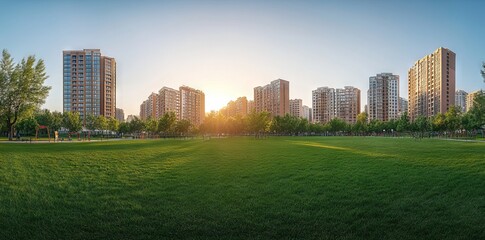 Obraz premium Modern City Park with High-Rise Buildings at Sunset AI generated illustration