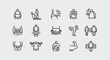 Overweight and Fitness icons. Set of 15 health and wellness-themed minimal icons. Treadmill icon. Design signs for web page, mobile app, fitness products, healthcare promotions. Vector illustration