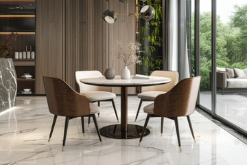 Modern dining area featuring a sleek round table and stylish chairs in a bright space with garden views