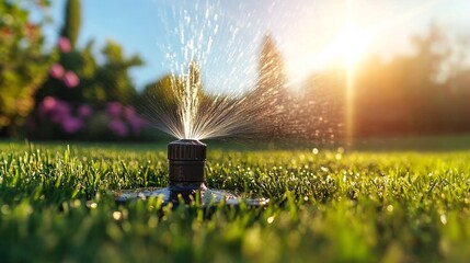 Modern Sprinkler Watering Lawn on a Sunny Summer Day AI generated illustration