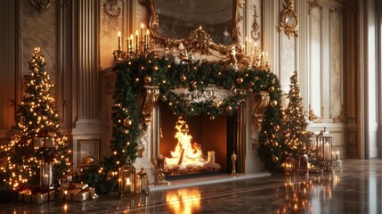 Luxury fireplace mantel decorated for Christmas, green garland with gold accents, tall golden candles". 