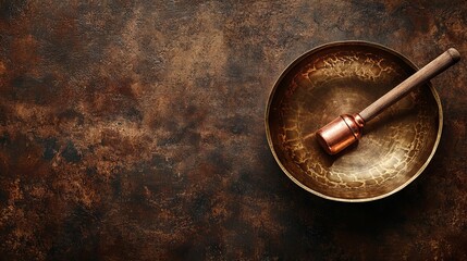 Singing Bowl and Copper Gong on Rustic Tabletop AI generated illustration