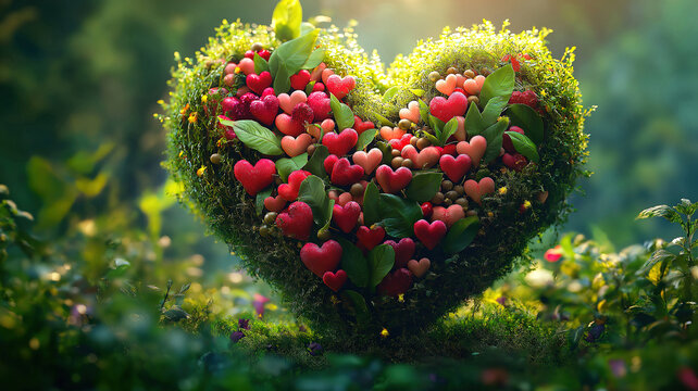 Heart-shaped moss sculpture adorned with red and pink hearts, perfect for Valentine's Day.A vibrant heart-shaped moss sculpture, teeming with small, red and pink heart-shaped berries and lush green le