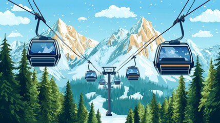 Winter Sports Adventure with Ski Lift and Snow-Capped Mountains AI generated illustration