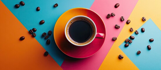 Obraz premium Vibrant Coffee Cup and Beans on Colorful Background