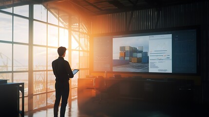 Fototapeta premium A man is standing in front of a large monitor with a laptop in his hand