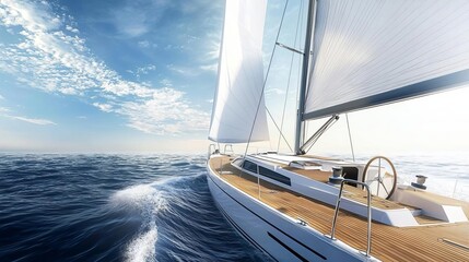 Fototapeta premium A sleek sailboat cutting through the waves under a bright blue sky, capturing the essence of adventure and freedom at sea.