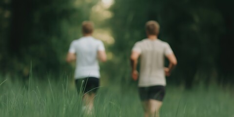 Naklejka premium The back view of two people jogging down a lush green path, promoting fitness, motivation, and a connection with nature through their active lifestyle.