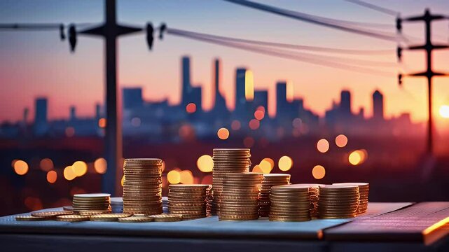 Stacks of coins against a city skyline at sunset, symbolizing wealth and investment.