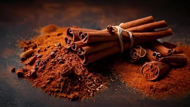 realistic motion video of stack of cinnamon rolls on wooden table surrounded by cinnamon powder