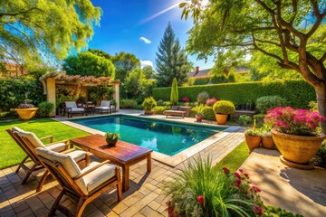 Fototapeta premium Sunny poolside paradise! Candid shots showcase a vibrant garden oasis.