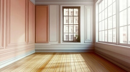 Elegant Room Interior Design With Peach Walls And Wood Floor