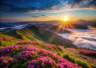 Obraz premium Sunrise paints the foggy Carpathian valley, showcasing vibrant rhododendron blooms.