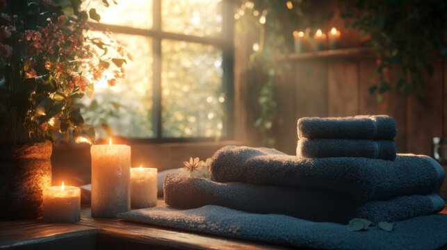 Serene Spa Setting With Candles And Towels
