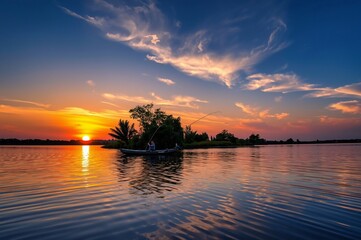 Serene Sunset Fishing at Lake with Vibrant Sky and Reflections