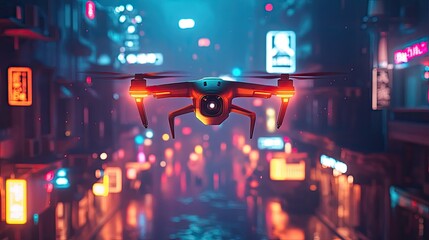 Drone Flight Over Futuristic City at Night