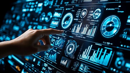 Obraz premium A hand is pointing at a computer screen with a blue background